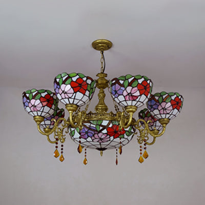 Rustic Scalloped Stained Glass Suspension Light - 9-Light Inverted Chandelier For Bedroom With