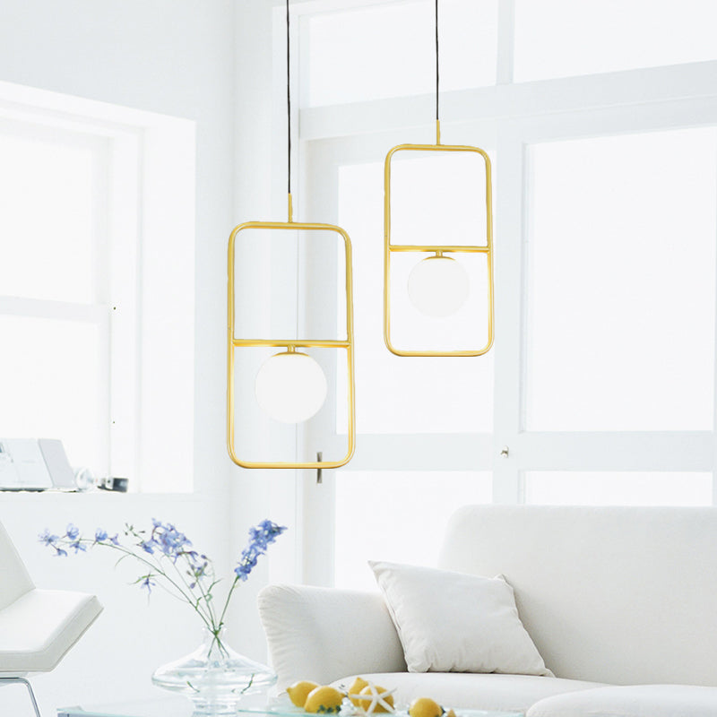 Post-Modern Gold Pendant Light: Rectangular Design Milk Glass Shade