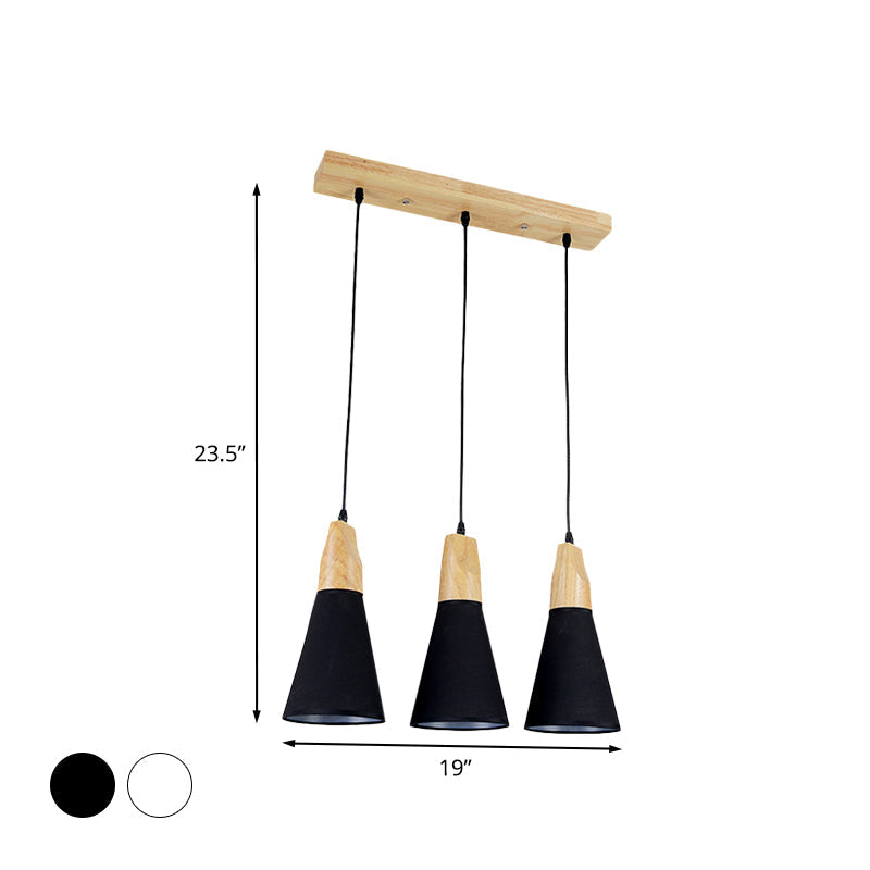 Contemporary Cone Pendant Light With 3 Hanging Lamps And Fabric/Wood Design