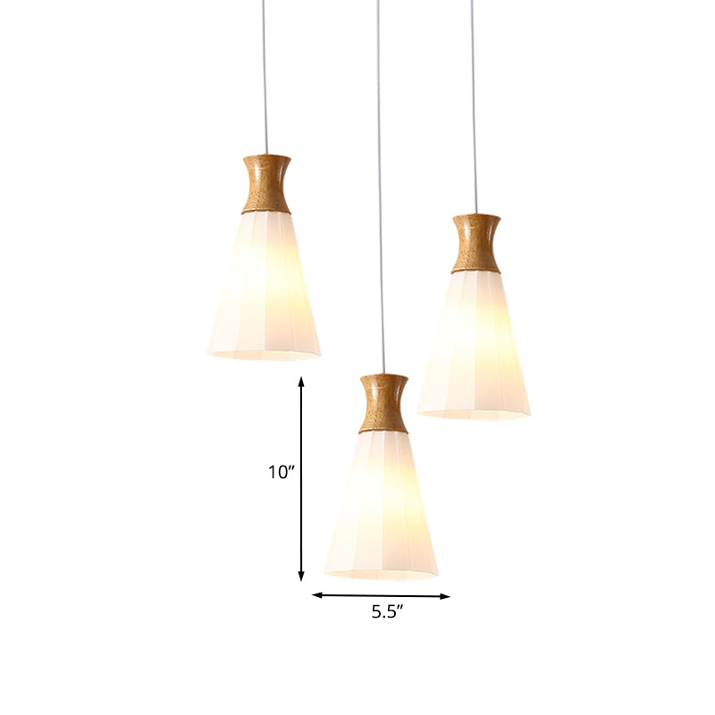 Nordic Style Conic Pendant Lamp With Ribbed Glass Wood And 3 Lights - White