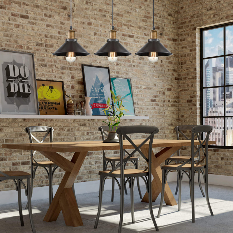 Vintage Metal Restaurant Pendant Light - 3 Pack Cone Shade Black Hanging Ceiling