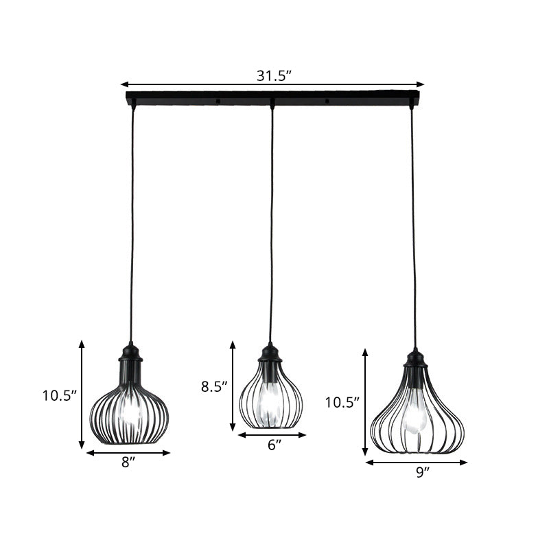 Vintage Onion Caged Pendant Light | 3-Bulb Metallic Fixture In Black Perfect For Restaurants