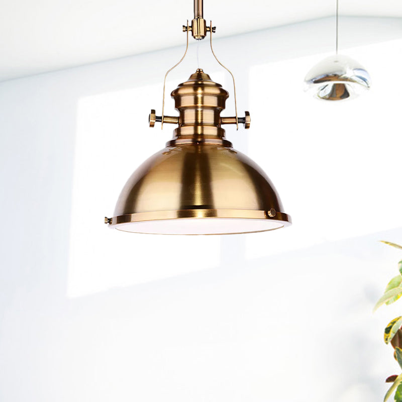 Antique-Style Metal Dome Pendant Light With Frosted Diffuser In Brass