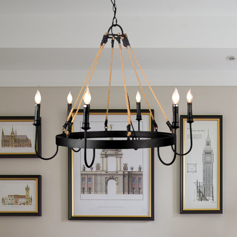 Rustic 6-Head Metal & Rope Ceiling Chandelier For Restaurants - Vintage Candle Lamp With Open Bulbs