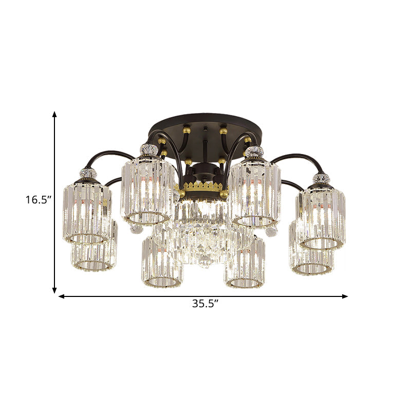Modern Clear Crystal Ceiling Light With Black Scroll Arms And 6/11 Cylindrical Heads