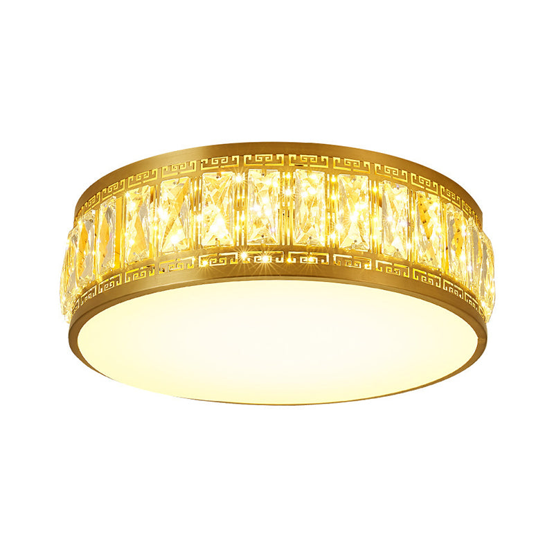 Modern Led Drum Flush Mount Lamp - Gold Finish Rectangular - Cut Crystals 19.5’/23.5’ Width