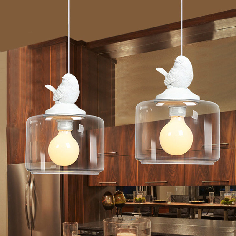 Modern Drum Shaped Dinette Pendant Lamp With Clear Glass And White Bird Top