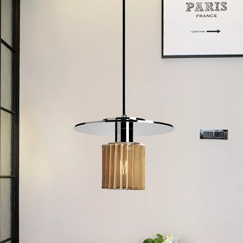 Stylish 1-Light Pendant Kit: Ribbed Glass Chrome Mini Drum Ceiling Lamp+