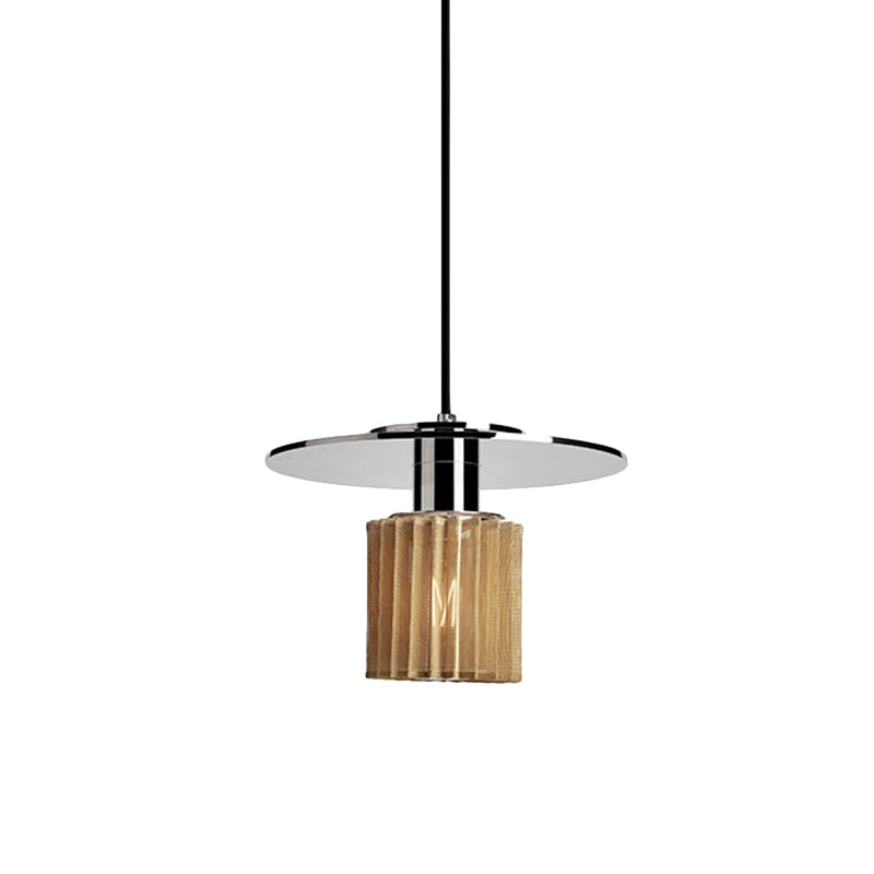 Stylish 1-Light Pendant Kit: Ribbed Glass Chrome Mini Drum Ceiling Lamp+