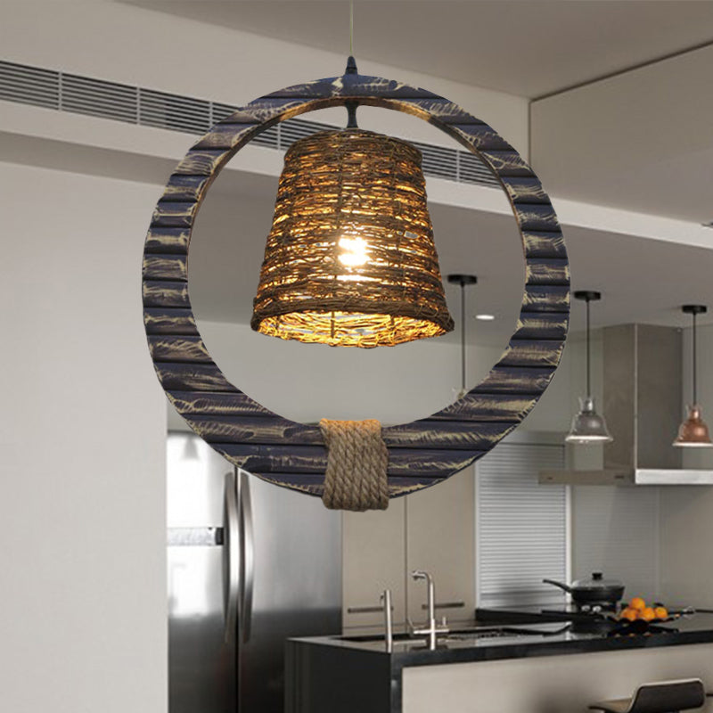 Modern Brown Rattan Hanging Pendant Light With Wooden Ring - 1 Head