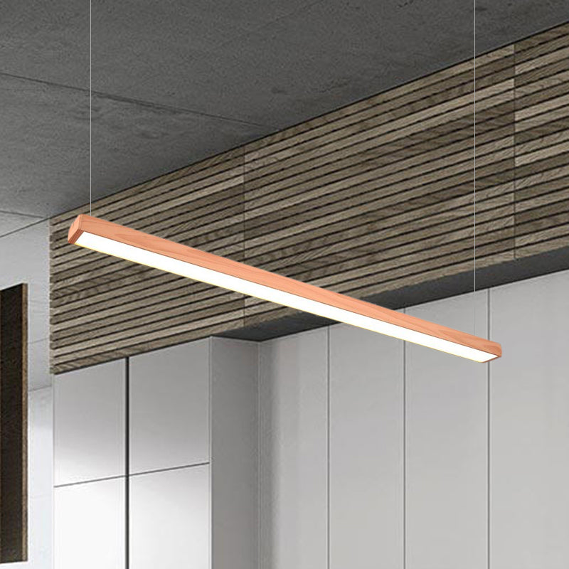Wooden Shade Led Office Pendant Lighting - Sleek Rectangular Linear Design In Minimal Dark