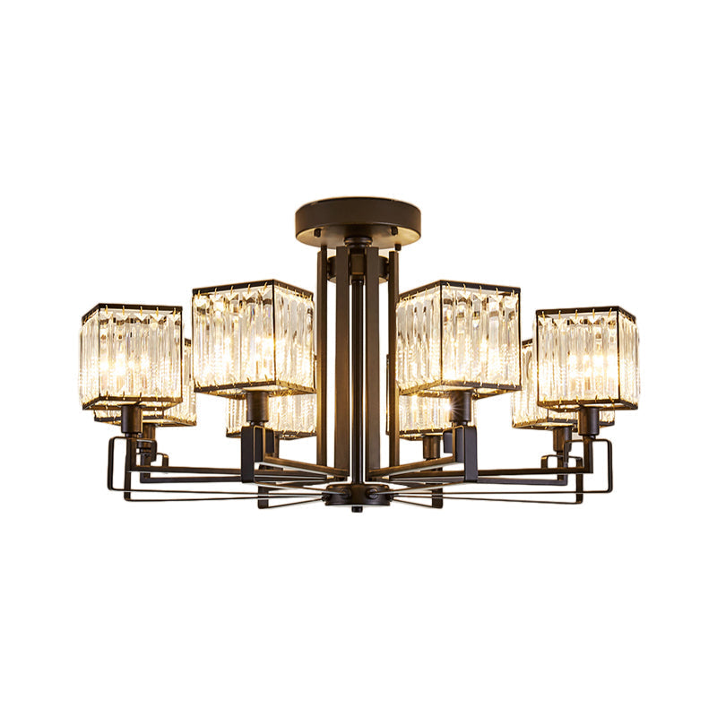 Vintage Style Black Square Metal Ceiling Light Fixture With Crystal Prism - 4/6/8 Lights Ideal For