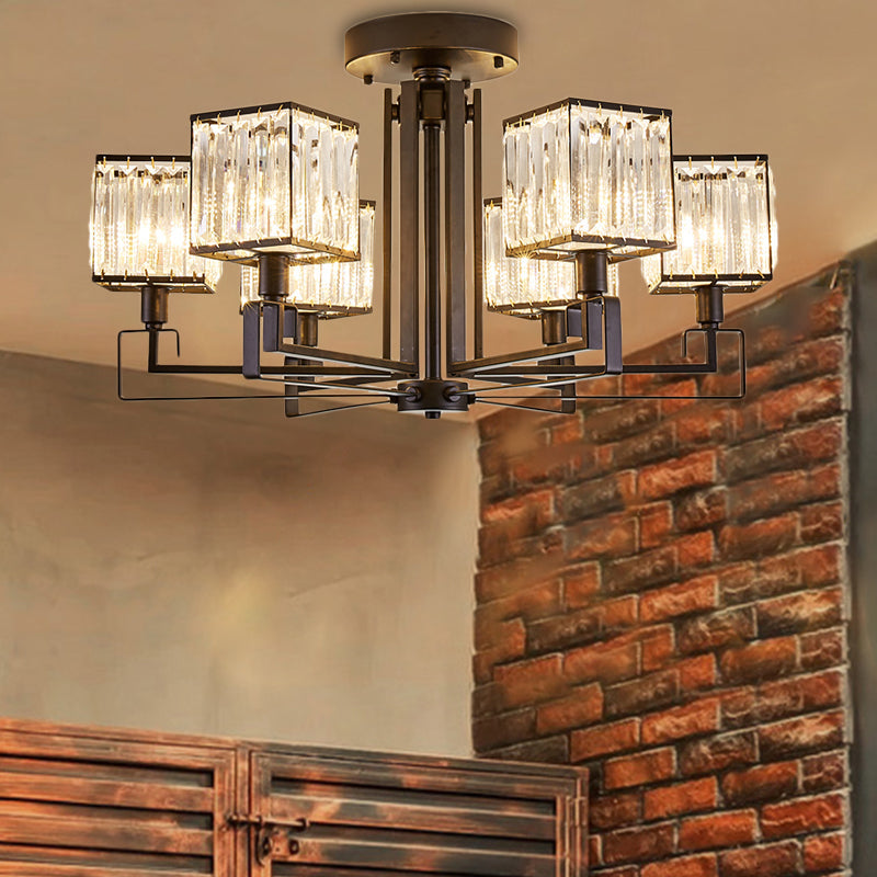 Vintage Style Black Square Metal Ceiling Light Fixture With Crystal Prism - 4/6/8 Lights Ideal For