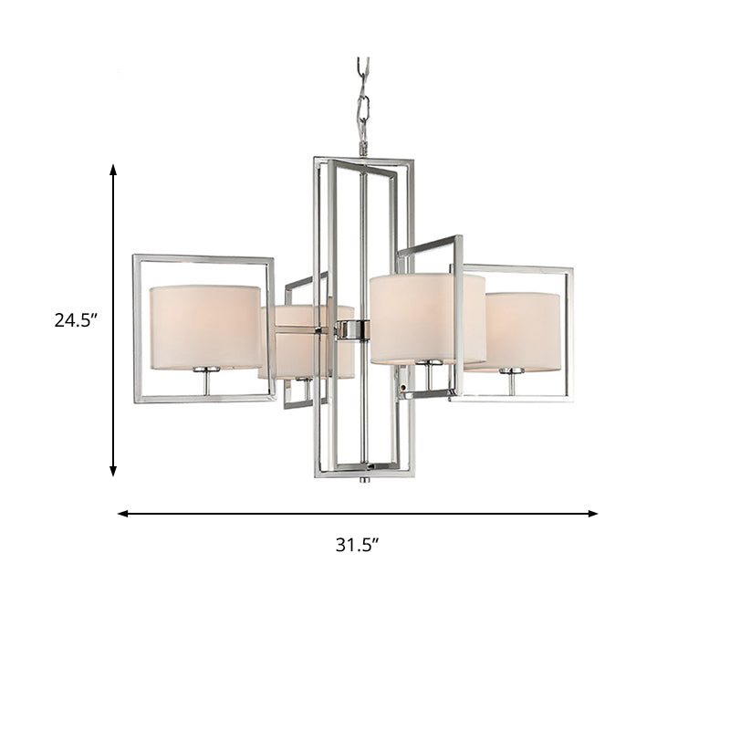 Modern Chrome Chandelier With Barrel Fabric Shade - 4-Light Pendant For Living Room