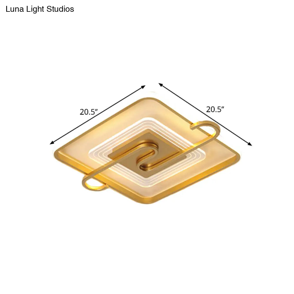 16.5’/20.5’ Gold Metal Led Square Parlor Flushmount: Contemporary Close To Ceiling Lamp With