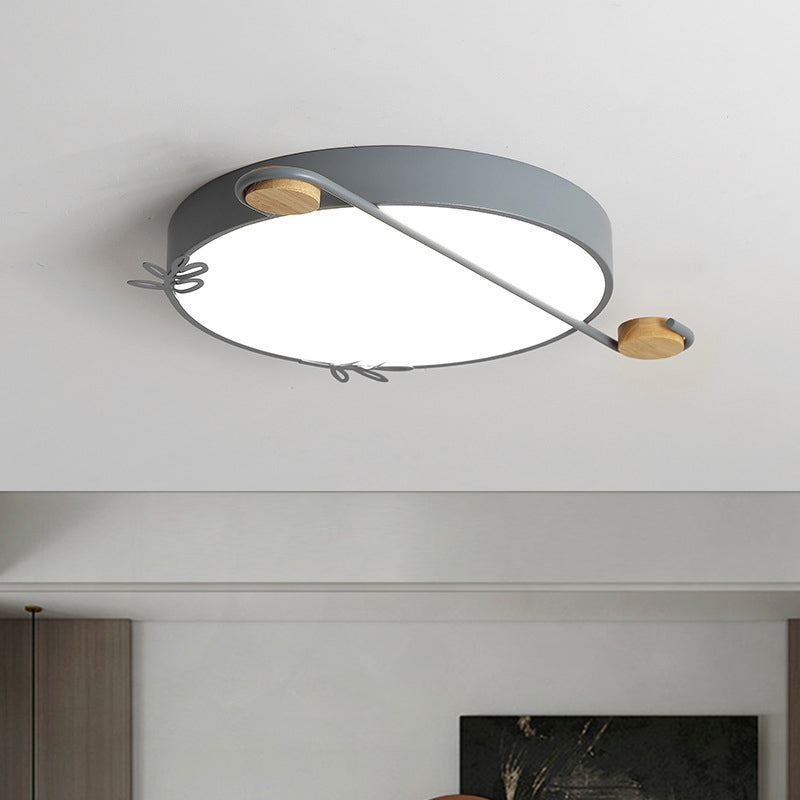 Wide Drum Metallic Flushmount Led Ceiling Light For Bedroom - Simple Black/Grey/White Design