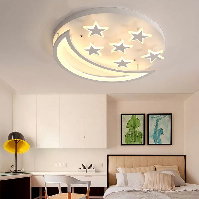 White Metal Moon And Star Flush Ceiling Light For Kids Cartoon Bedroom