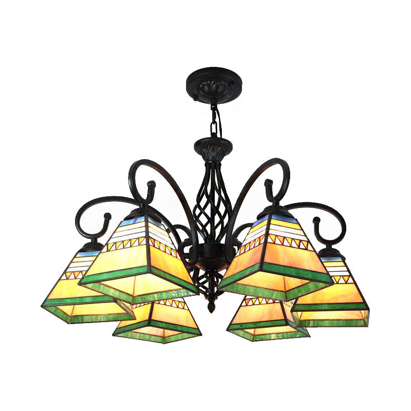 Mission Style Stained Glass Pyramid Pendant Light - 6 Lights Living Room