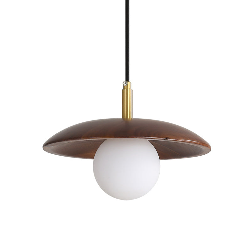 Modern White Glass Ball Suspension Lamp With Brown Wood Saucer Top / A