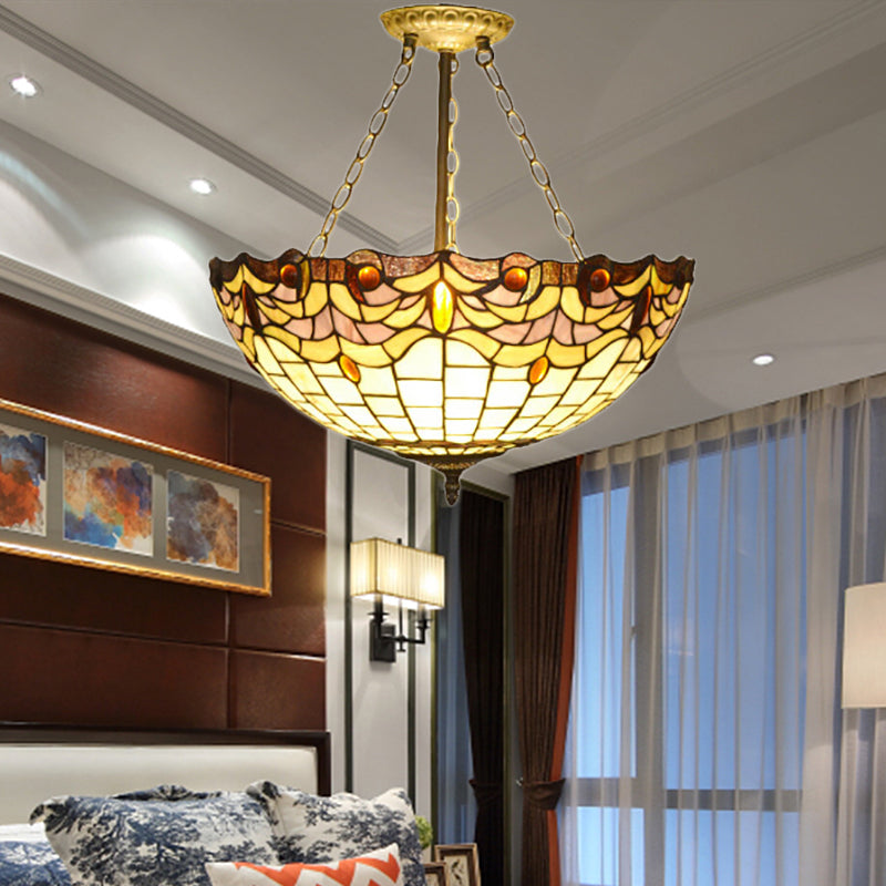 Vintage Tiffany Stained Glass Chandelier - Brass Finish Dining Table Pendant / Yellow Square