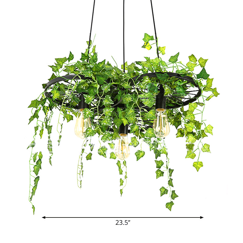Retro Wagon Wheel Chandelier - Iron Pendant Light In Black 1/3/6-Light With Decorative Plant
