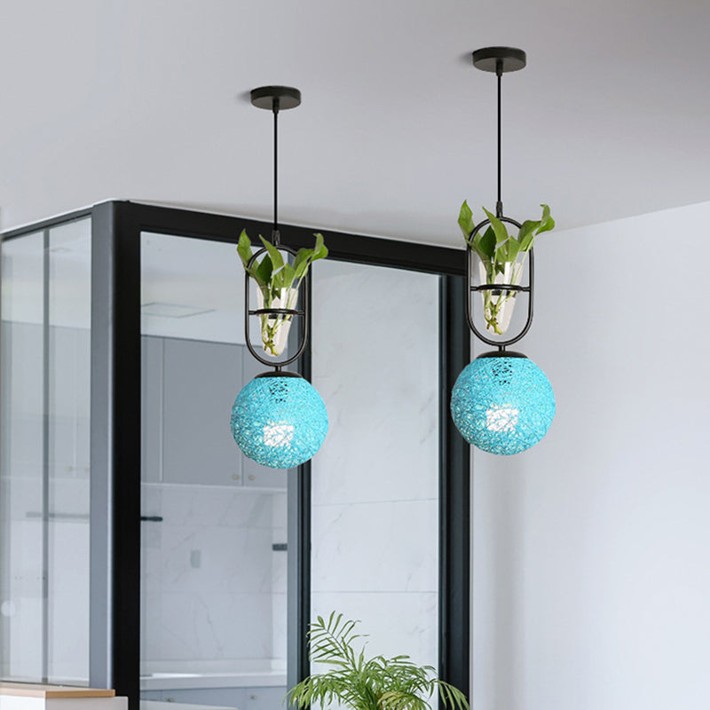 Macaron 1-Head Rattan Hanging Ceiling Light In Beige/Red/Pink With Plant Pot - Kitchen Pendant Blue