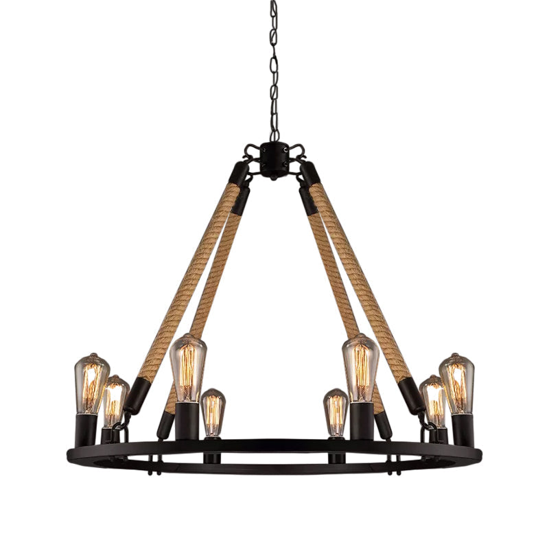 Industrial Hemp Rope Wagon Wheel Chandelier Pendant - Black 6/8 Lights For Living Room Ceiling Hang