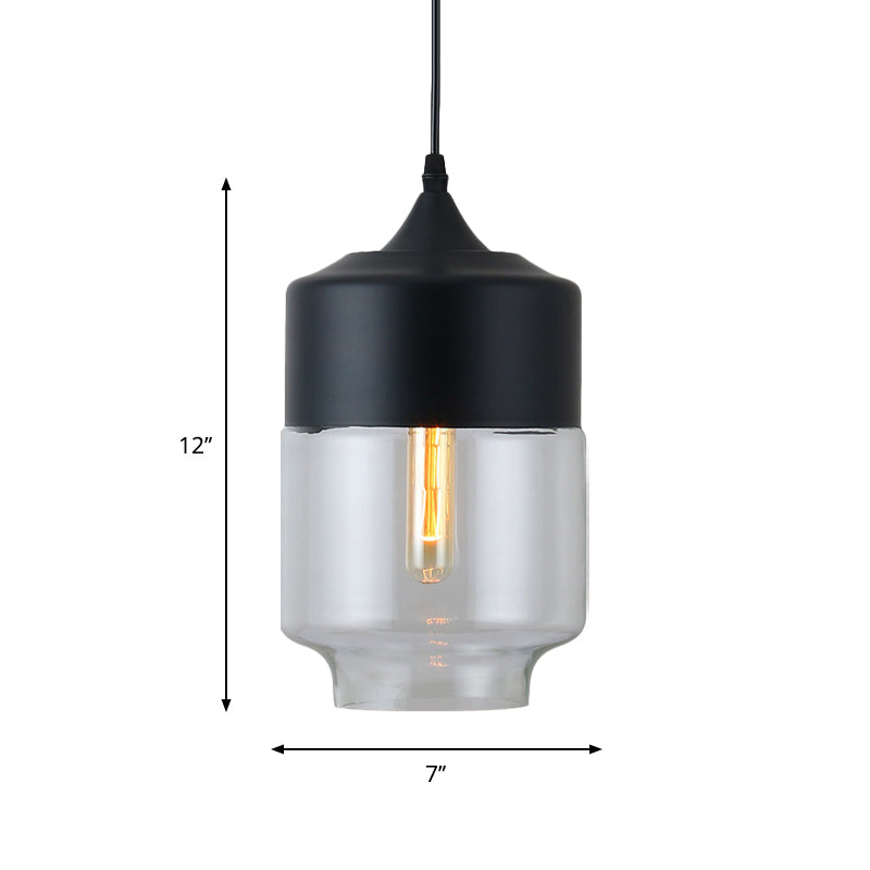 Modern Black Pendant Lamp With Jar Clear Glass Shade - 1-Light Restaurant Down Lighting
