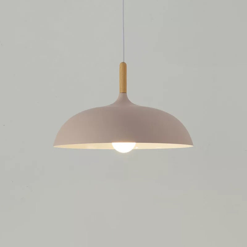 Modern Metal Macaron Dome Hanging Lamp - Dining Room Pendant Light With Wood Accent