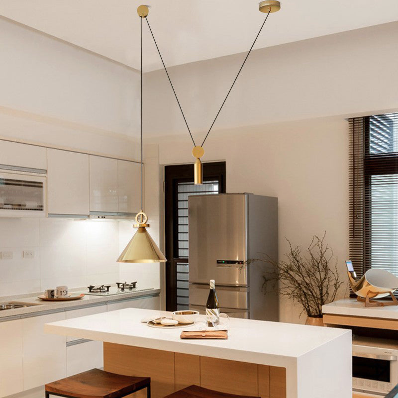 Modern Brass Metal Kitchen Pendant Lamp With Pulley Suspension - Conic Drop Design
