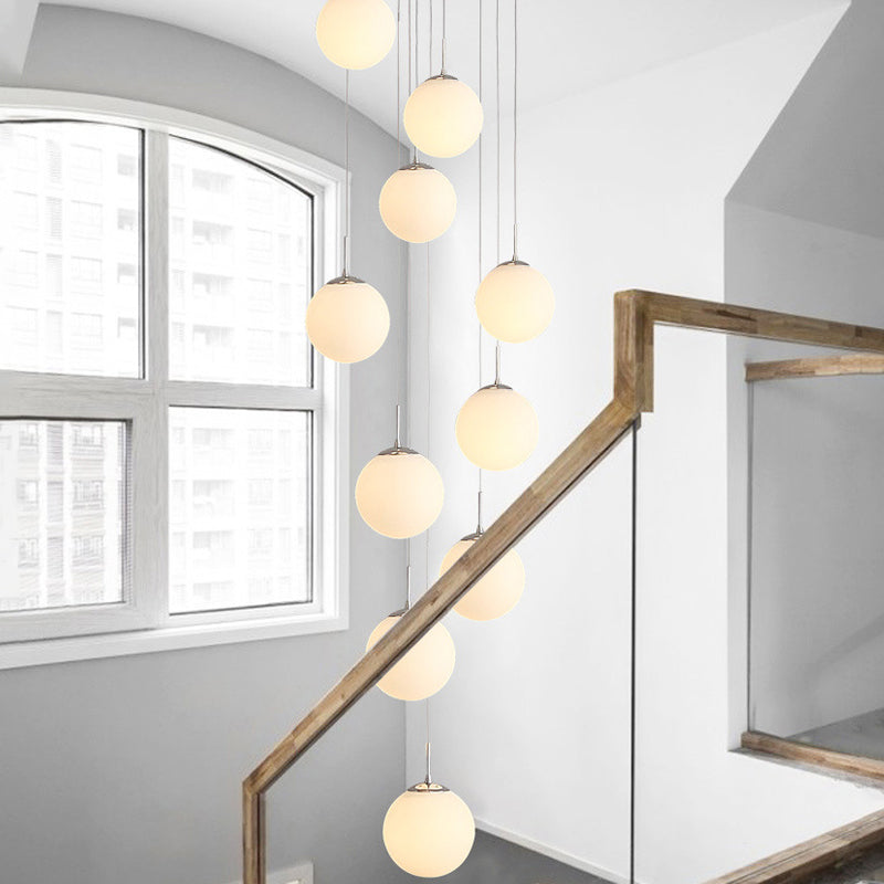 10-Head Staircase Pendant Light: Elegant Silver Drop Lamp With Cream Glass Shade