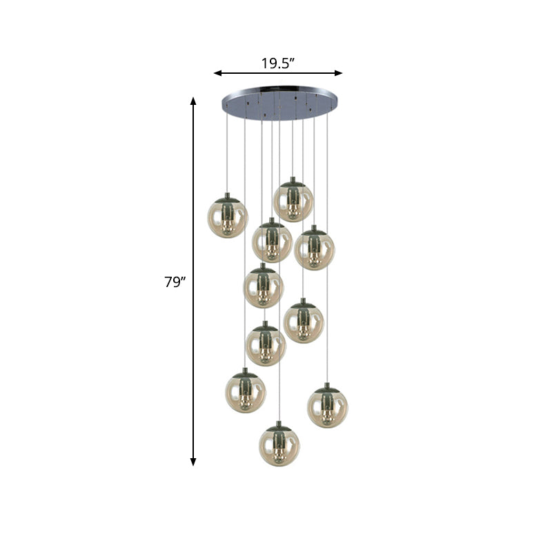 Cognac Glass Globe Pendant Light With 10-Lights For Stairs Or Ceiling