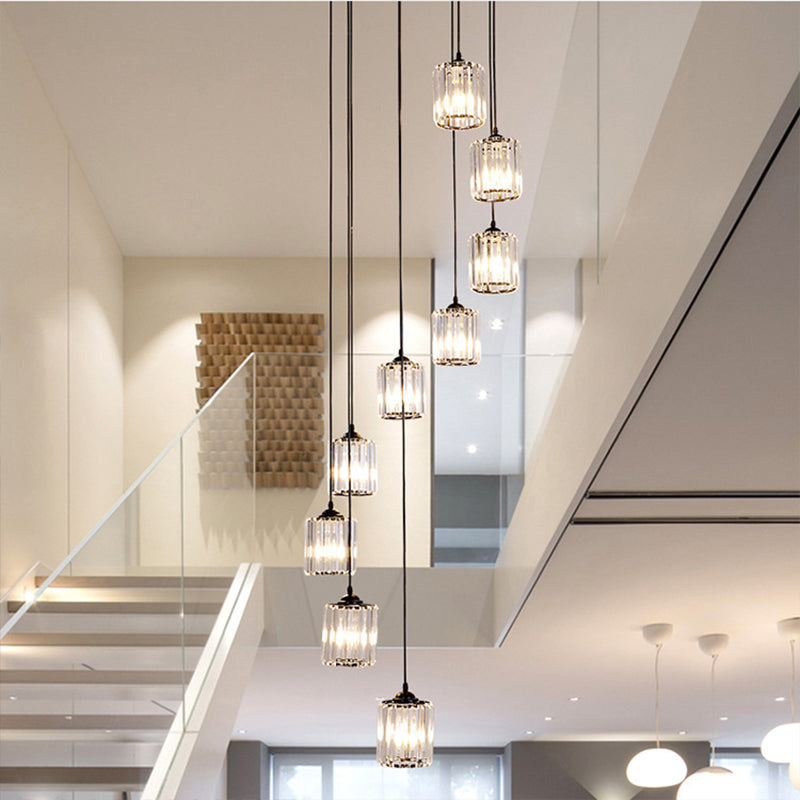 Clear Crystal Black Cylinder Cluster Pendant Light - Minimalist Stair Drop Lamp 9 /