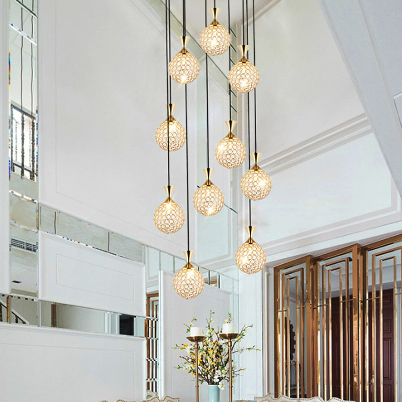 Modern Crystal Ball Pendant Light: Spiral Cluster Design 10-Light Hanging Fixture
