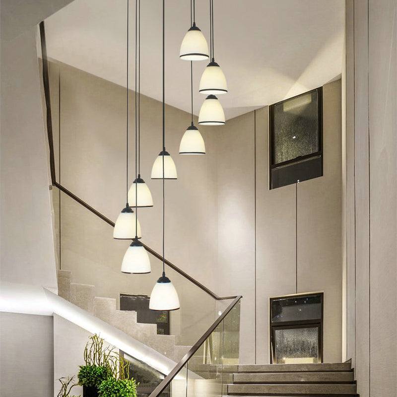 Contemporary Dome Stairs Swirl Pendant Light In Black With Opal Glass Accent Stylish Hanging