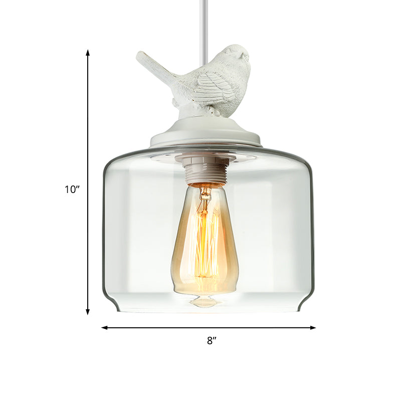 Modernist Pendant Lighting: Cylindrical/Barrel Shaped Hanging Lamp With Clear Glass Bird Design (1/5