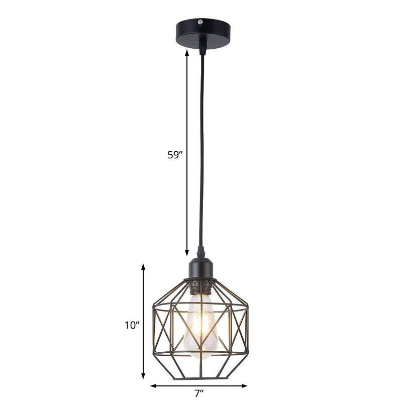 Vintage Black Metal Prism Cage Pendant Lamp For Dining Room