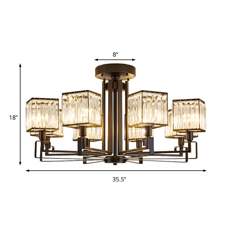 Vintage Style Black Square Metal Ceiling Light Fixture With Crystal Prism - 4/6/8 Lights Ideal For