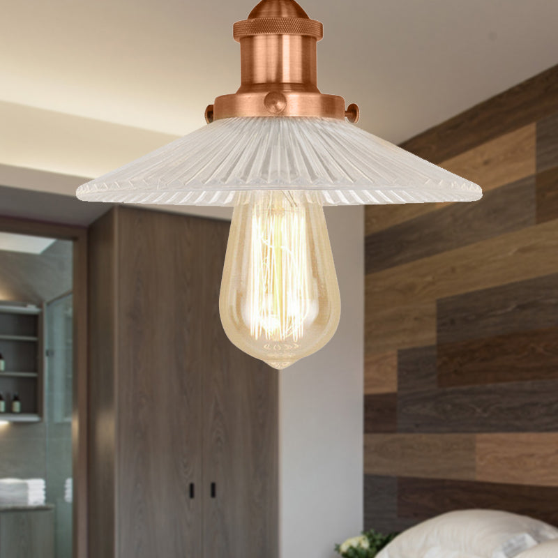 Semi Mount Ribbed Glass Cone Ceiling Light In Black/Brass/Copper - Industrial Style For Living Room