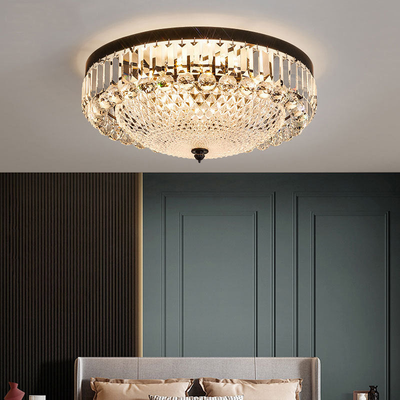 Modern Black Cut-Crystal Flush Mount Lamp For Bedroom Ceiling Lighting / Clear