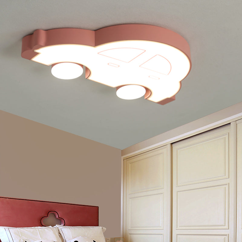 Led Indoor Flushmount Light With Car Cartoon Acrylic Shade Stylish Blue/Pink Ceiling Lamp In