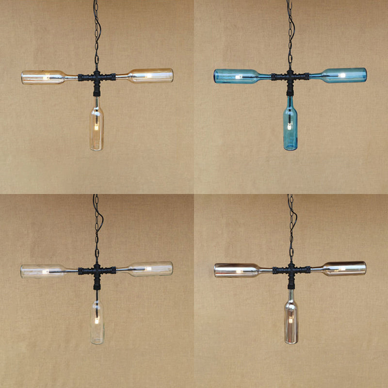 Vintage Style 3-Light Bottle Glass Chandelier With Smoke Grey/Blue Shades - Perfect For Bar Pendant