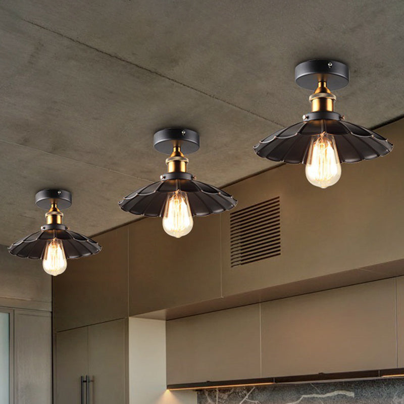 Sleek Black Single Dining Room Ceiling Light - Umbrella Semi Flush Mount / 10 Scalloped