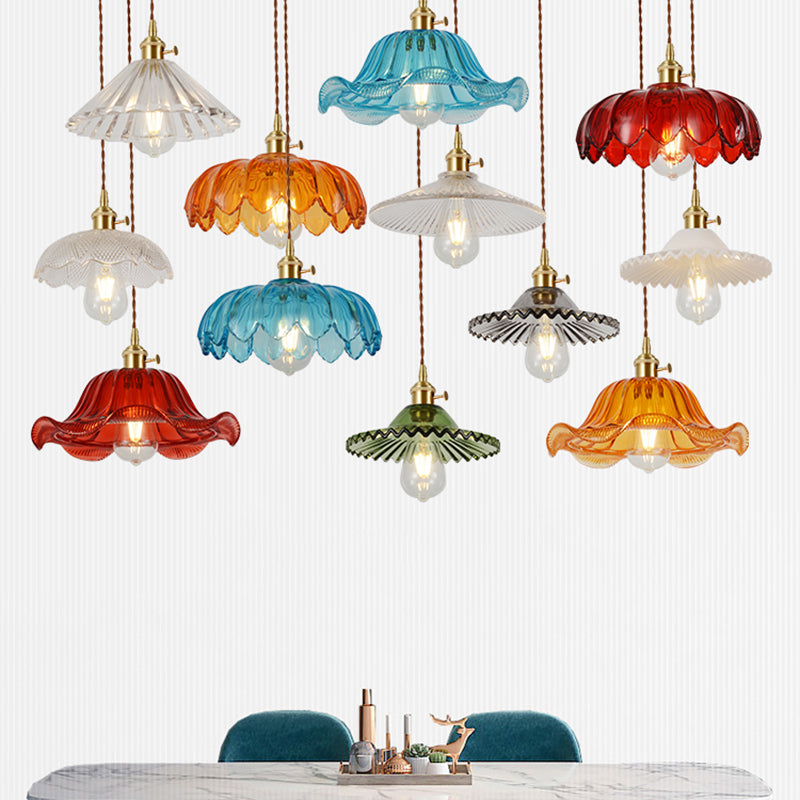 Vintage Ribbed Glass Pendant Lamp In Brass For Dining Room - Single Bulb Hanging Light