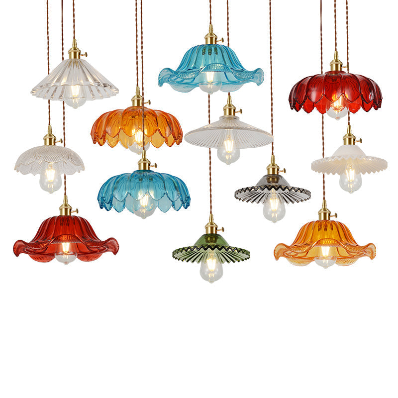 Vintage Ribbed Glass Pendant Lamp In Brass For Dining Room - Single Bulb Hanging Light