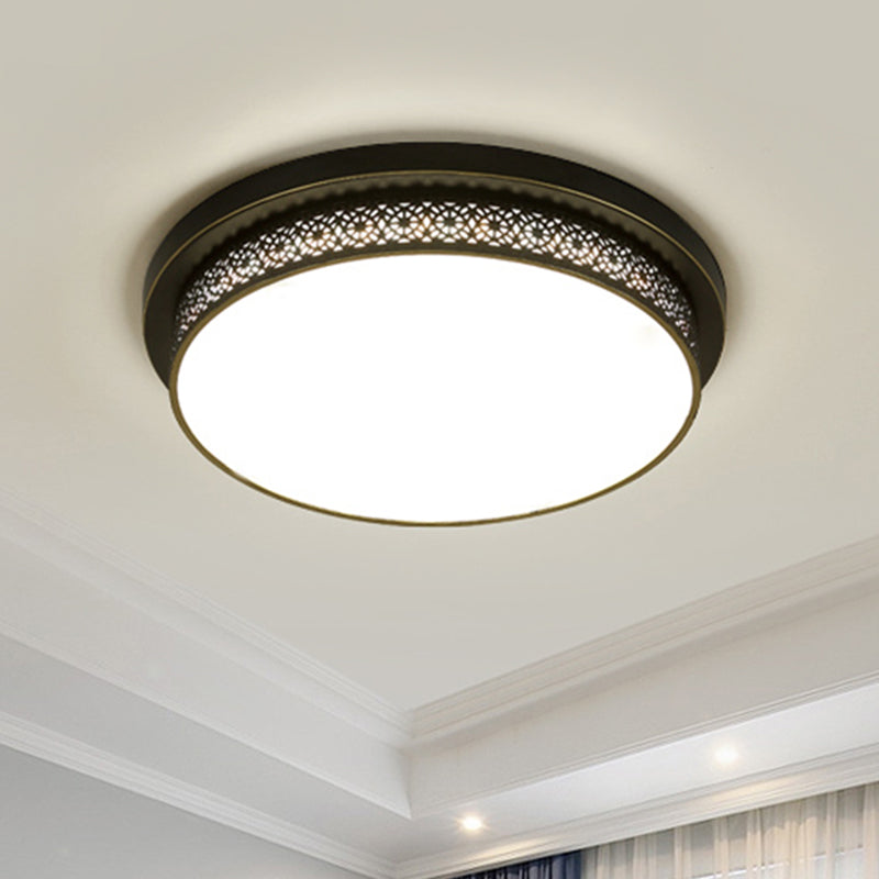 Black Round Led Flush Light - Rustic Acrylic Living Room Ceiling Fixture With Filigree Design /