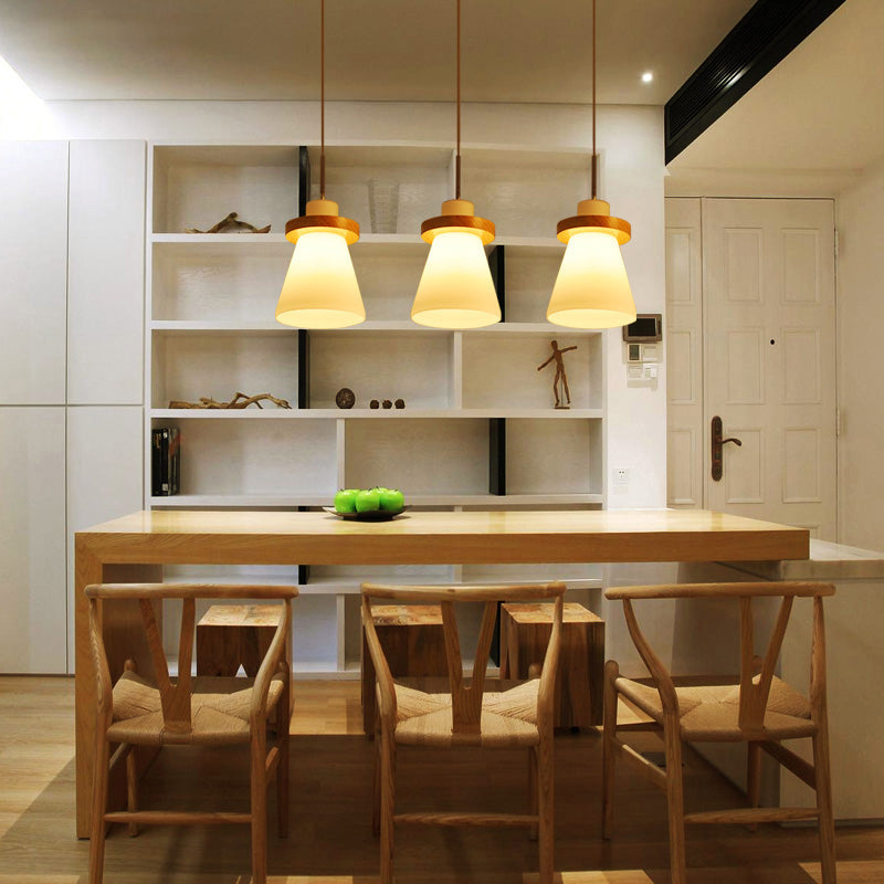 Japanese Style White Glass Conical Pendant Ceiling Light For Dining Room