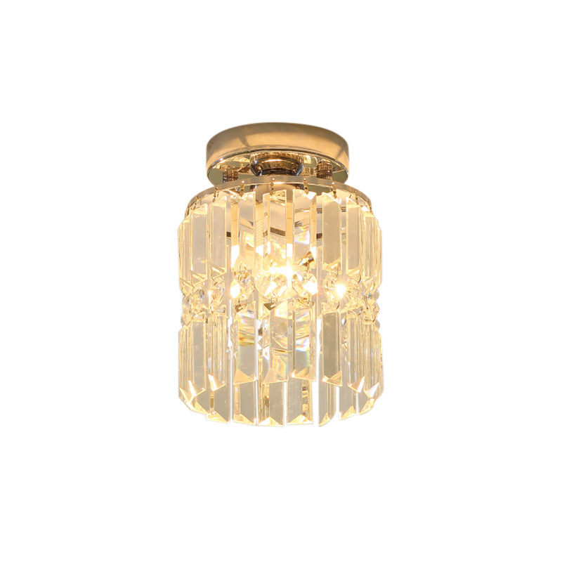 Modern Crystal Cylinder Flush Mount Ceiling Light For Hallway - Chrome Finish