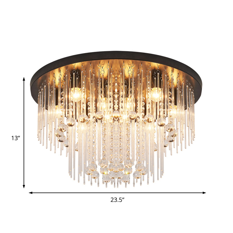 Modernist Black Tiered Flush Ceiling Light: 19.5/23.5 Dia 8-Light Crystal Lamp