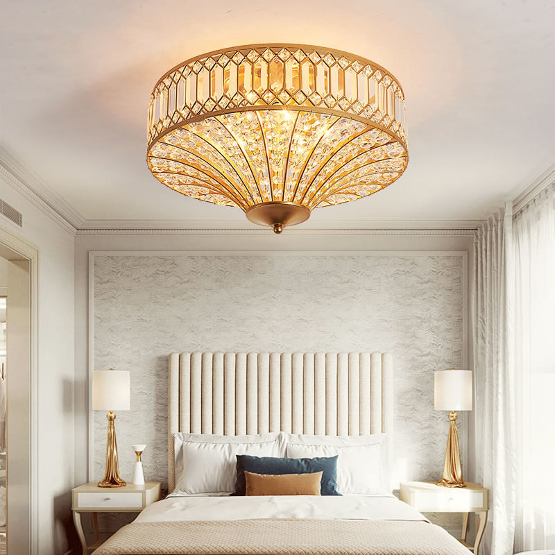 Chinese Style 5-Light Bedroom Ceiling Lamp In Flared Crystal Flush Mount Design - Gold Finish
This